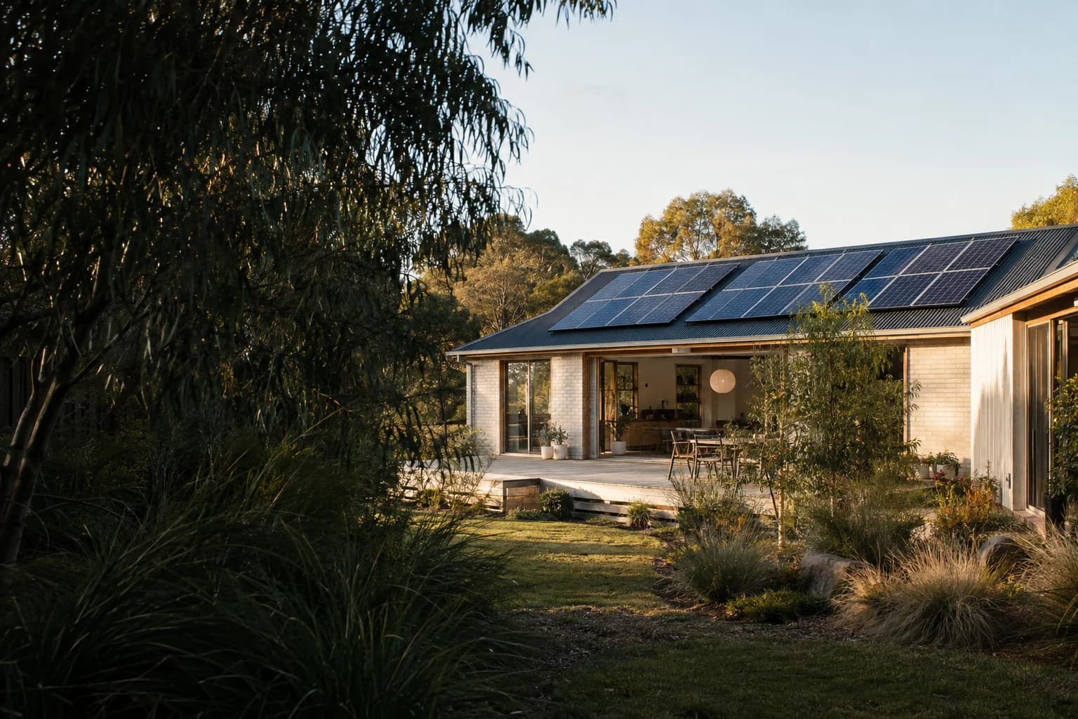 An Australian home with rooftop solar, surrounded by a native garden